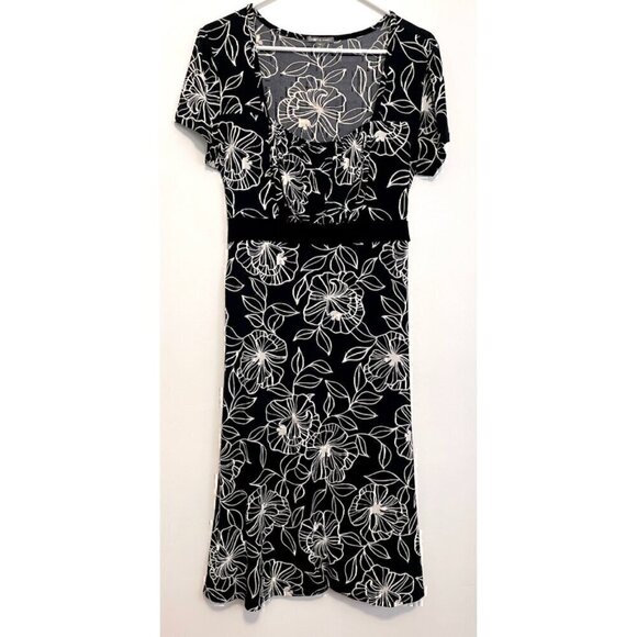 APT. 9 Stretch Black Cream Floral Tie Bow Back Below Knee Midi Fit & Flare Dress - Picture 1 of 13